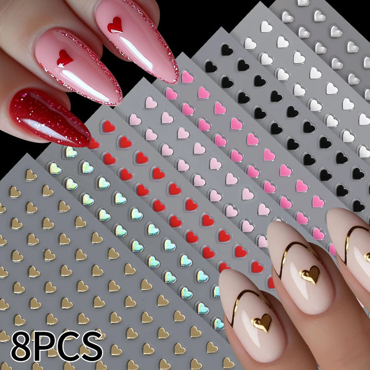 8pc 3D Mixed Color Heart Nail Stickers Valentines' Day Sweet Red Pink Love Selfadhesive Nail Decoration Decals Manicure 2027