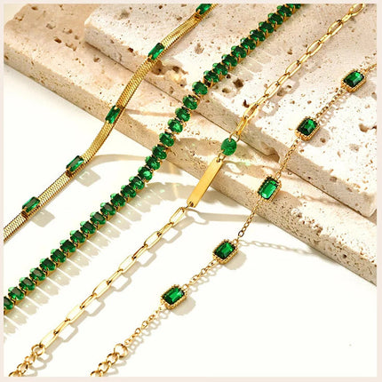 Retro Green Zircon Pendant Necklace For Women, Crystal Stone Chain Stainless Steel Gold Plated Luxury Birthday Gifts PlatiNum