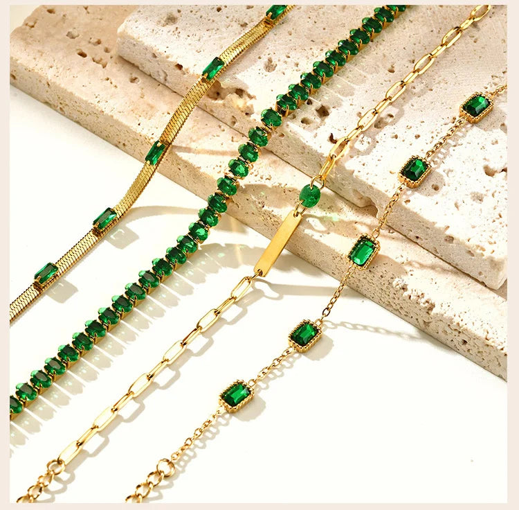 Retro Green Zircon Pendant Necklace For Women, Crystal Stone Chain Stainless Steel Gold Plated Luxury Birthday Gifts PlatiNum