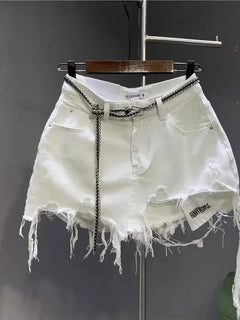 Nuova gonna corta in denim bianco coreano 2026 da donna, con tasche a vista e design irregolare anti-sfregamento