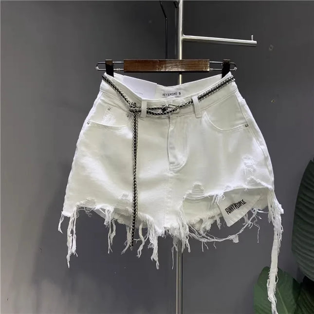 Neue koreanische Damen-Jeansrock 2026, weiß, mit sichtbaren Taschen, unregelmäßigem Design und Anti-Scheuer-Funktion
