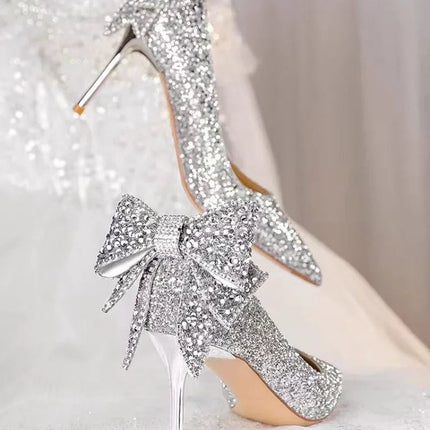 Shoes for Woman 2025 Silver Women's heeled Summer Footwear Wedding Bride Shoe Rhinestone Pointed Toe Super High Heel Diamond PlatiNum
