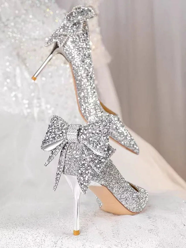 Shoes for Woman 2025 Silver Women's heeled Summer Footwear Wedding Bride Shoe Rhinestone Pointed Toe Super High Heel Diamond PlatiNum