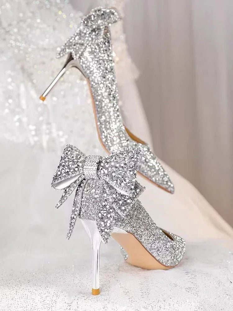 Shoes for Woman 2025 Silver Women's heeled Summer Footwear Wedding Bride Shoe Rhinestone Pointed Toe Super High Heel Diamond PlatiNum