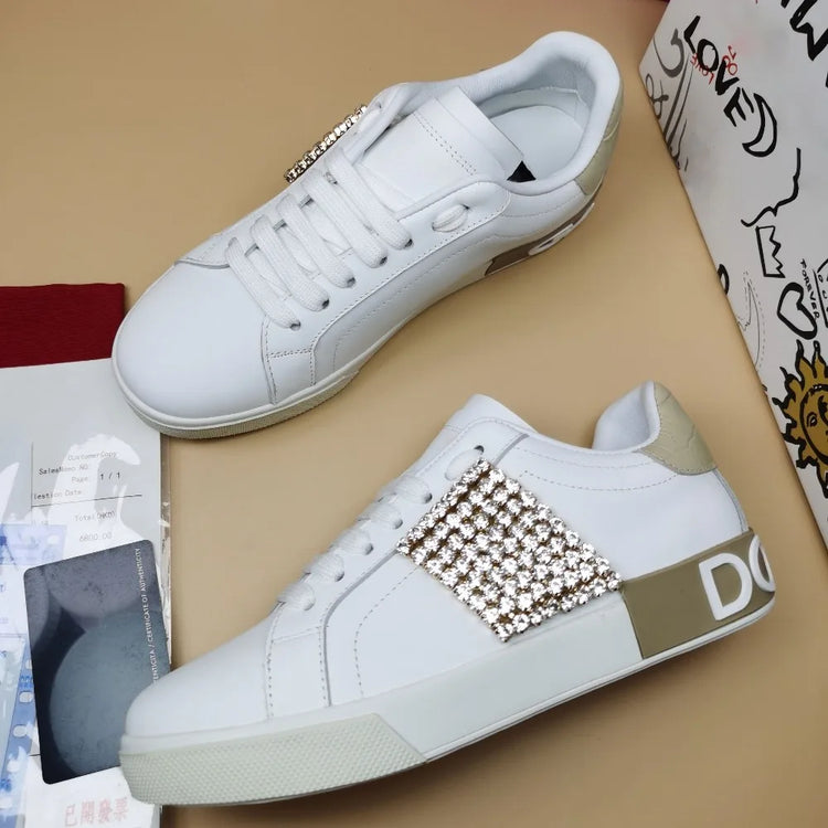 Luxury Rhinestone Sneakers Designer Unisex White Leather Thick Sole Casual Shoes Brand Ladies Outdoor Platform Trainers Flats