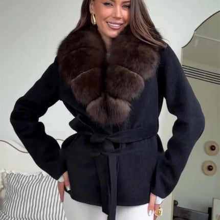 Brown Faux Fur Collar Wool Blend Belted Coats Elegant Wrap V Neck Long Sleeve Lace Up Jackets 2026 Lady Winter Autumn Outwear