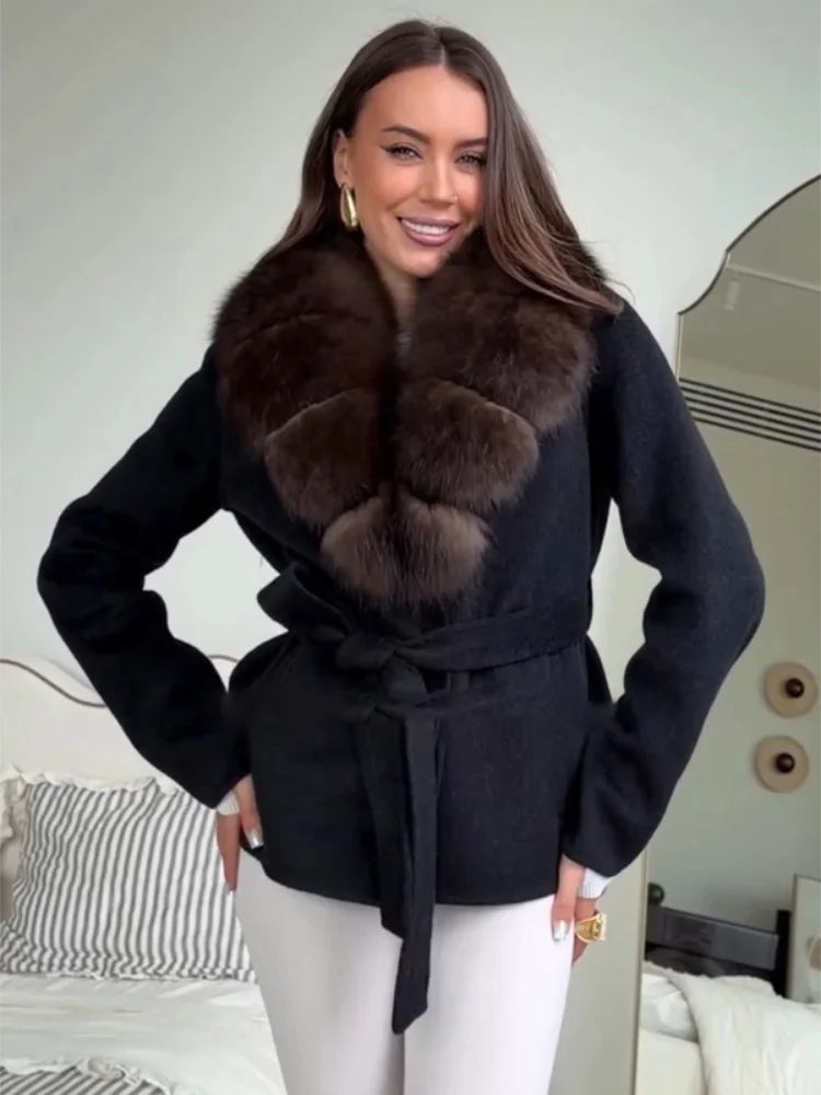Brown Faux Fur Collar Wool Blend Belted Coats Elegant Wrap V Neck Long Sleeve Lace Up Jackets 2026 Lady Winter Autumn Outwear