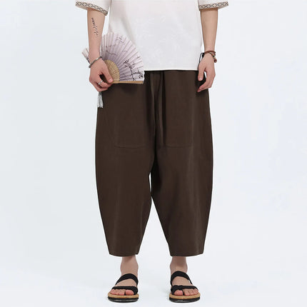 Pantaloni Harem in Cotone e Lino da Uomo, Casual, Traspiranti, Comodi, Estivi, Lunghezza al Polpaccio, Taglie Forti fino a 5XL