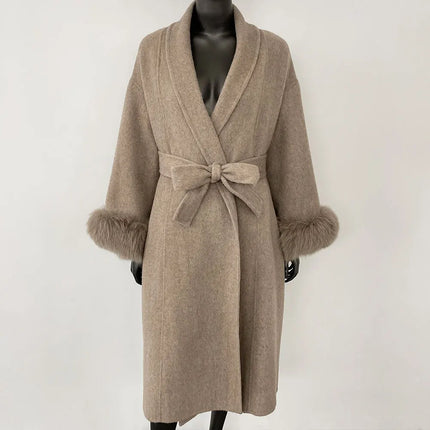 Elegant OL Office Lady Overcoats Fur Patchwork Long Sleeve Woolen Coat Beautiful Women's Clothing Jacket Autumn 2025 Spring
