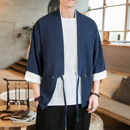 Nuova Camicia Uomo Kimono Giapponese in Cotone e Lino, T-shirt Comoda e Traspirante, Costume da Samurai Tradizionale, Camicia Casual Haori per Uomo