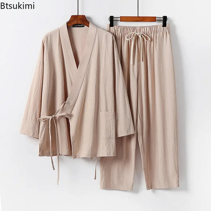 2025 Men's Summer Cotton Linen Two Pieces Chinese Style Lace Up Kimono Tops+Pants Casual Suit Male Vintage Hanfu Tang Suit M-9XL PlatiNum