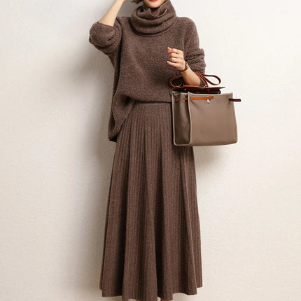 Women A-Line Pleated Skirt Cashmere High Waist Autumn Winter Large Umbrella Skirt 100% Cashmere Knitted Office Lady Casual Dress PlatiNum
