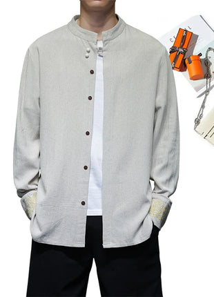 Camicie da Uomo di Alta Qualità con Ricami in Stile Cinese, Colletto Rialzato Retrò, in Lino Comodo e Traspirante, Camicie Casual da Uomo