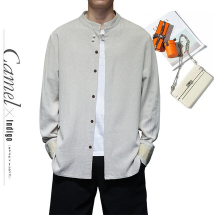 Camicie da Uomo di Alta Qualità con Ricami in Stile Cinese, Colletto Rialzato Retrò, in Lino Comodo e Traspirante, Camicie Casual da Uomo
