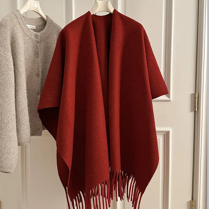 Women Split‑Open Woolen Tassel Poncho Shawl Thick Warm Cape Coat Autumn Winter Travel Photography Outer Wrap