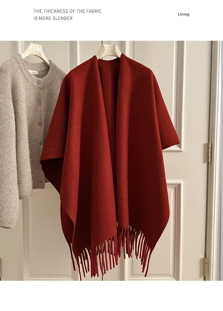 Women Split‑Open Woolen Tassel Poncho Shawl Thick Warm Cape Coat Autumn Winter Travel Photography Outer Wrap