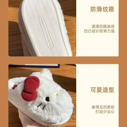 San-Rio Cute Girls Plush Slippers Cartoon Hello Kitty Winter Women Warm Cotton Shoes Female Kawaii Home Thick Sole Shoes Outdoor