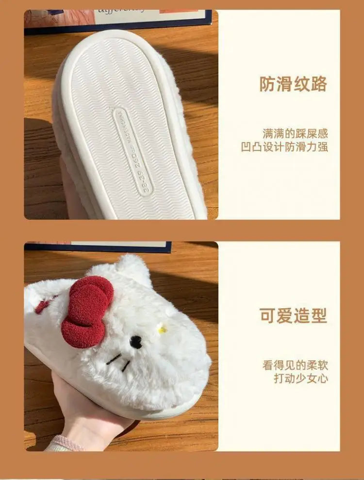 San-Rio Cute Girls Plush Slippers Cartoon Hello Kitty Winter Women Warm Cotton Shoes Female Kawaii Home Thick Sole Shoes Outdoor