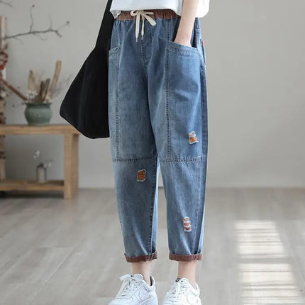 Jeans Strappati a Nove Punti da Donna, Nuovi Pantaloni Harem Casual Sottili con Vita Elastica, Lunghi alla Caviglia, in Denim, per l'Estate 2026
