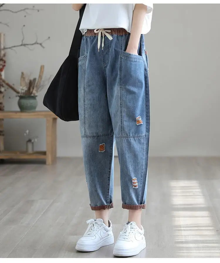 Jeans Strappati a Nove Punti da Donna, Nuovi Pantaloni Harem Casual Sottili con Vita Elastica, Lunghi alla Caviglia, in Denim, per l'Estate 2026