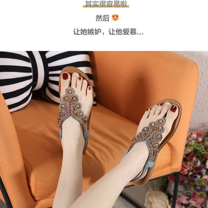 New 2026 Women's Summer Bohemian Style Sandals, Flip-Flop Design with Beaded and Rhinestone Buckle, Elastic Heel Strap, Comfortable Everyday Shoes