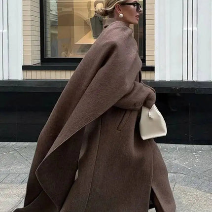 Elegant Big Scarf Collar Women's Coat Fashion Double Breasted Pockets Overcoats 2026 Autumn New High Street Oversize Outerwears