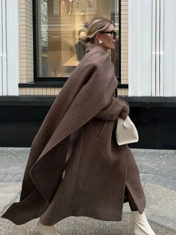 Elegant Big Scarf Collar Women's Coat Fashion Double Breasted Pockets Overcoats 2026 Autumn New High Street Oversize Outerwears