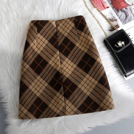 Plaid Woolen Short Skirts Women Autumn Winter New Zipper High Waist Temperament Mini Skirt Woman Retro Thicken Checked Skirts PlatiNum