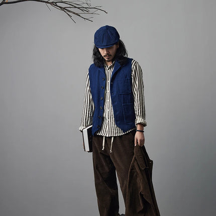 Vintage Lapel Waistcoat Men Autumn Winter New Kendo Fabric Multi-pocket Indigo Jacket Suit Vest Handmade Blue Dyed Cardigan Coat