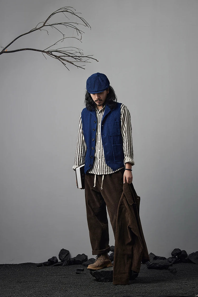 Vintage Lapel Waistcoat Men Autumn Winter New Kendo Fabric Multi-pocket Indigo Jacket Suit Vest Handmade Blue Dyed Cardigan Coat