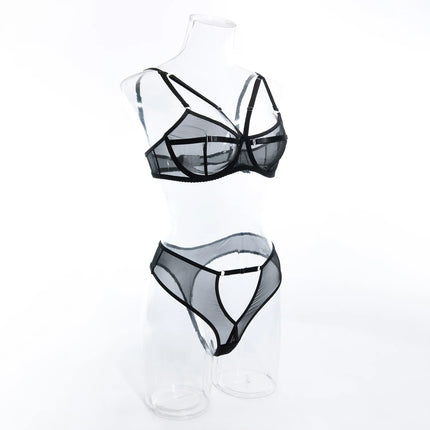 Sexy Black Mesh Lingerie Two Piece Sets Ultrathin See-through Hollow Out Bras And Panties Underwear Suit Erotic Intimate Suits