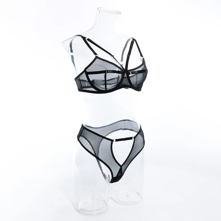 Sexy Black Mesh Lingerie Two Piece Sets Ultrathin See-through Hollow Out Bras And Panties Underwear Suit Erotic Intimate Suits