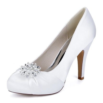 Primavera Boca de pescado Punta redonda Diamantes de imitación de seda Zapatos de boda impermeables de tacón alto para mesa Sandalias de mujer de talla grande para vestido de banquete
