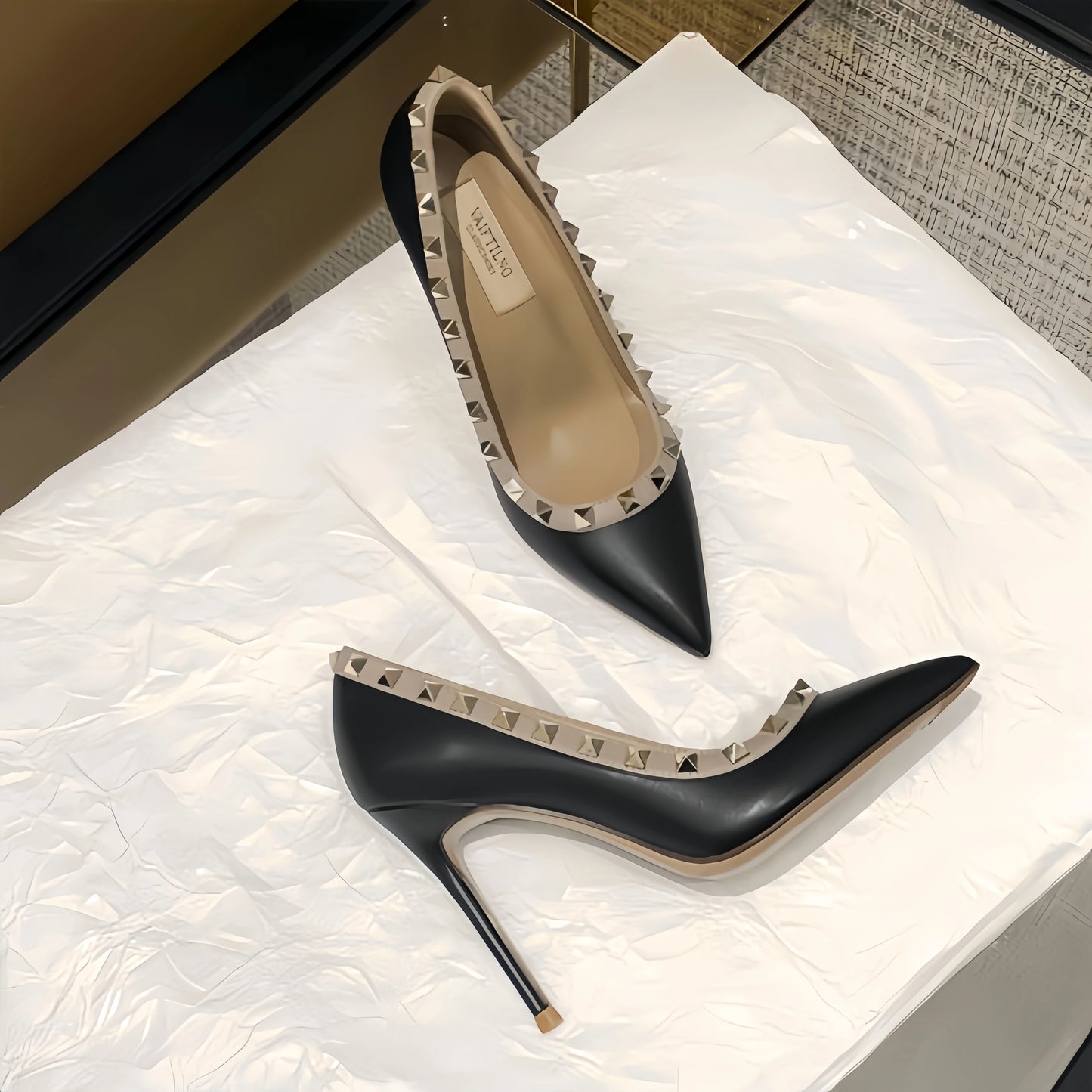 Women's High Heels Black Genuine Leather Rivet Pointed toe pumps luxury designer high quality Shoes Elegant woman heeled shoes