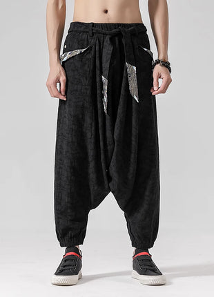 Pantaloni a gamba larga da uomo in cotone e lino casual oversize Harajuku pantaloni alla moda da uomo samurai giapponese retrò Ukiyo-e stampa pantaloni con cintura da uomo