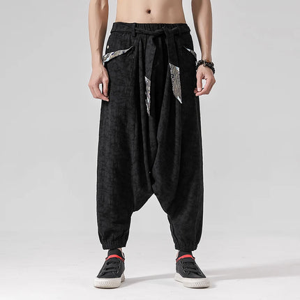 Pantaloni a gamba larga da uomo in cotone e lino casual oversize Harajuku pantaloni alla moda da uomo samurai giapponese retrò Ukiyo-e stampa pantaloni con cintura da uomo