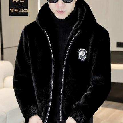Autumn Winter Faux Fur Hooded Jacket Men Fashion Social Faux Mink Fur Casual Business Jacket Thick Warm Outdoor Windproof Coat