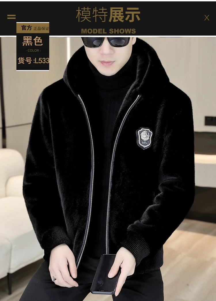 Autumn Winter Faux Fur Hooded Jacket Men Fashion Social Faux Mink Fur Casual Business Jacket Thick Warm Outdoor Windproof Coat