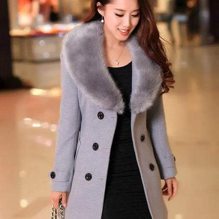 Mid Length Wool Coats Women Fur Collar Splice Blends Korean Full Sleeve Double Breasted Lace Up Belt Thick Warm Winter Jackets