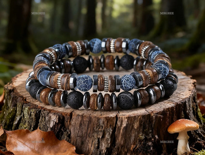 Set di braccialetti con perline in pietra naturale da uomo da 2 pezzi, gioielli da uomo in stile retrò fatto a mano all'aperto, regalo da uomo platinumshop