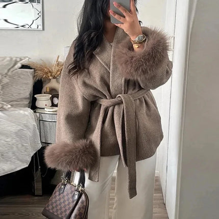 Elegant Women's Lace Up Woolen Coats Solid Full Sleeve Turn-down Collar Loose Lady Coats 2026 Autumn Winter Female Streetwear