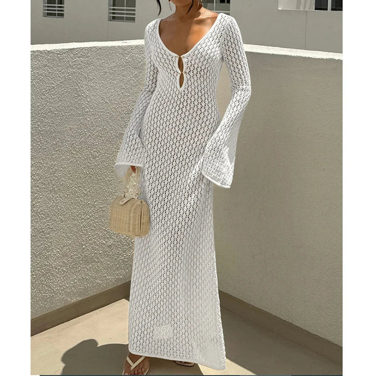 Nuovo stile lavorato a maglia scava fuori scollo a V abito a maniche lunghe da donna vacanza al mare bikini senza schienale copricostume protezione solare abito lungo platinumshop