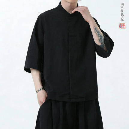 Camicie da uomo estive in lino di alta qualità, tinta unita, a maniche corte, stile cinese tradizionale, per Kung Fu e Tai Chi