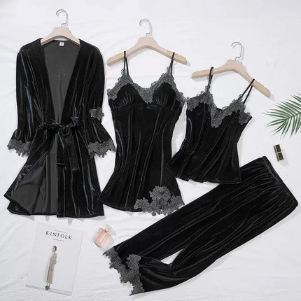 TOP Casual Velluto Abbigliamento per la casa 4 pezzi Set da notte Intimo Lingerie Pigiama da donna Completo a maniche lunghe in pizzo Velluto Homewear Pigiama set