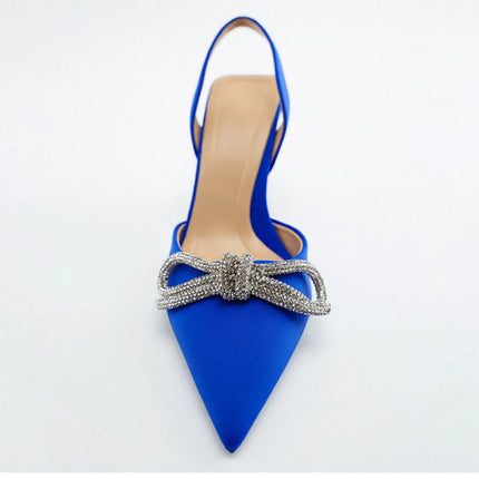 Décolleté blu Slingback da donna tacchi alti Crystal Bowknot Party Dress Shoes donna Sexy sandali con tacco a spillo a punta estate 2024
