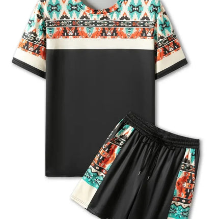New Men's Two-Piece Suit Fashion Scottish Print Summer O-neck Short Sleeve Polo + Shorts Men's Two-Piece Set