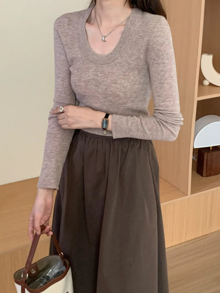 100% 48 count wool U-neck Ultra-fine Merino Wool Shirt for Women's Slim and Thin Bottoming Shirt for Women's Autumn and Winter PlatiNum