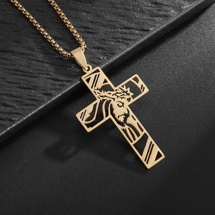 Vintage Christian Ice Crystal Jesus Head Pendant Necklace for Men and Women Cross Catholic Amulet Jewelry PlatiNum
