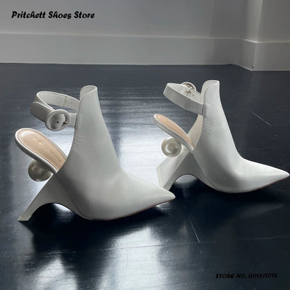 Women's Faux Pearl Slingback Pumps Elegant Buckle Strap Strange Style High Heels Spring Summer Pointed Toe Party Dress  Shoes