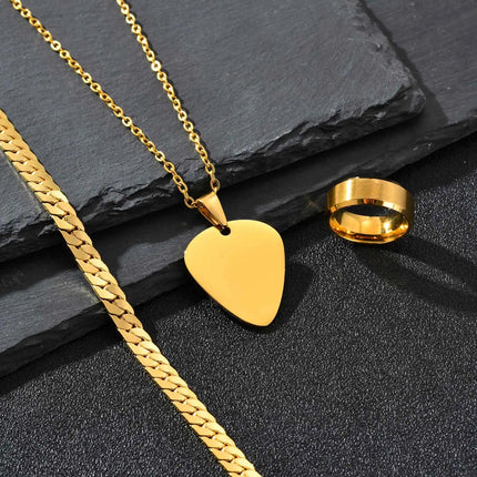 Set di 3 Pezzi: Collana con Ciondolo a Forma di Plettro per Uomo, Bracciale con Catena Cubana Piatta Stile Rock Punk, Set di Gioielli Classici da Uomo, Idea Regalo platinumshop